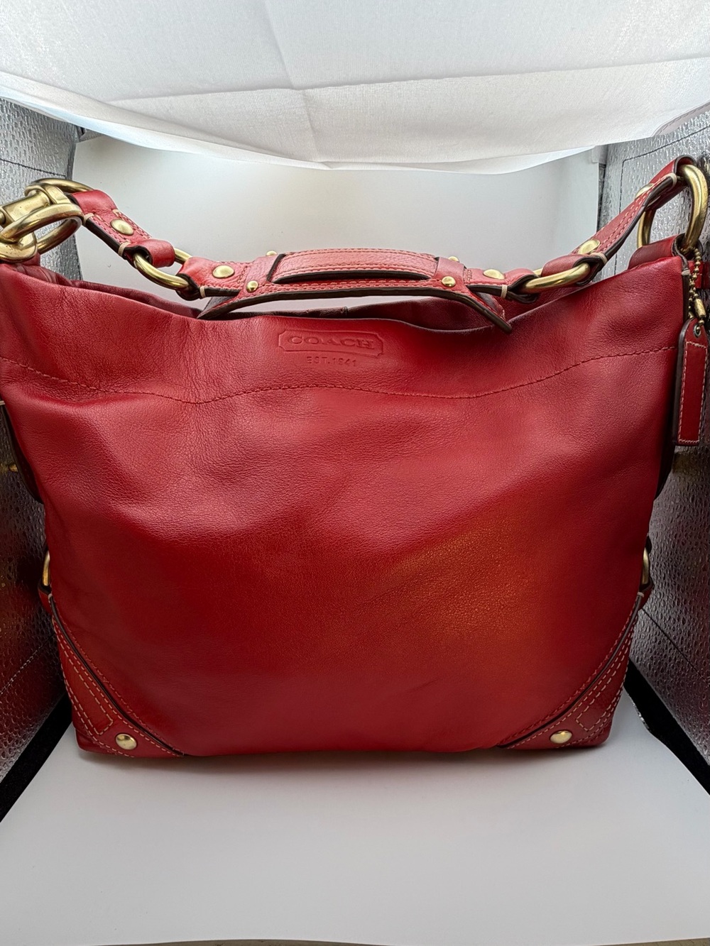 Coach Med Carly Red Leather Shoulder Hobo with Brass Chain Accents Style # 10615